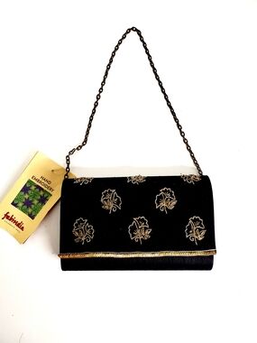 fabindia Black Clutch with Gold Embroidered Floral Motifs